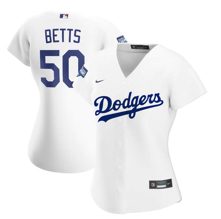 Cheap Women Los Angeles Dodgers 50 Mookie Betts Nike White 2020 World Series Champions Home Replica Player mlb Jersey